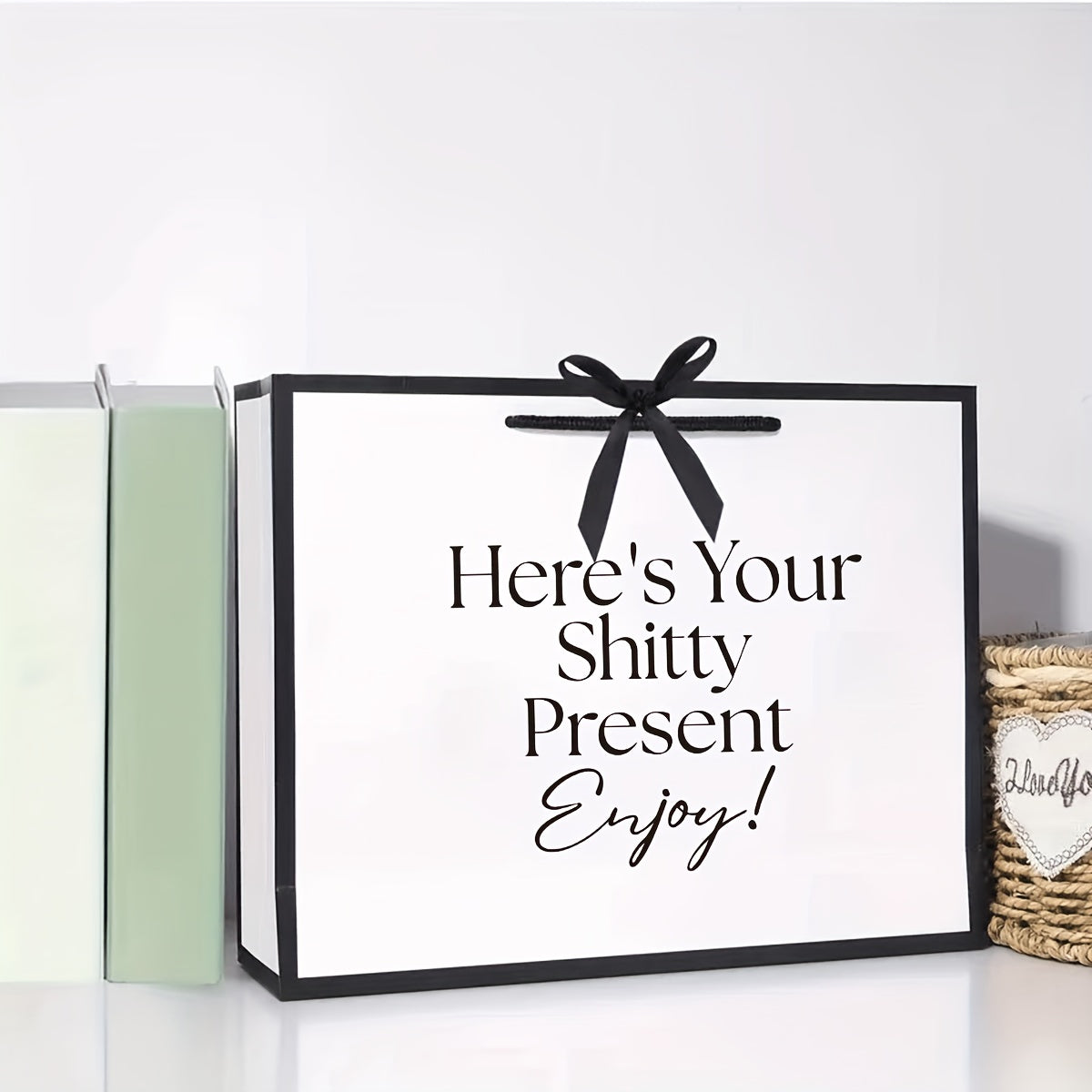 'Here's Your Shitty Present' Foldable Paper Gift Bag with Black Ribbon