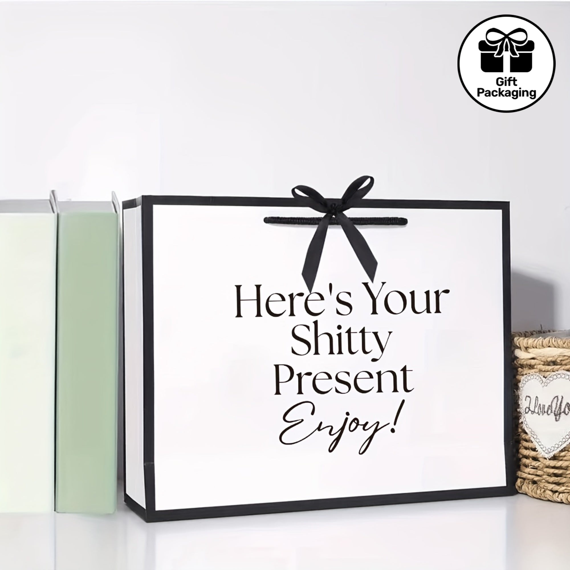 'Here's Your Shitty Present' Foldable Paper Gift Bag with Black Ribbon