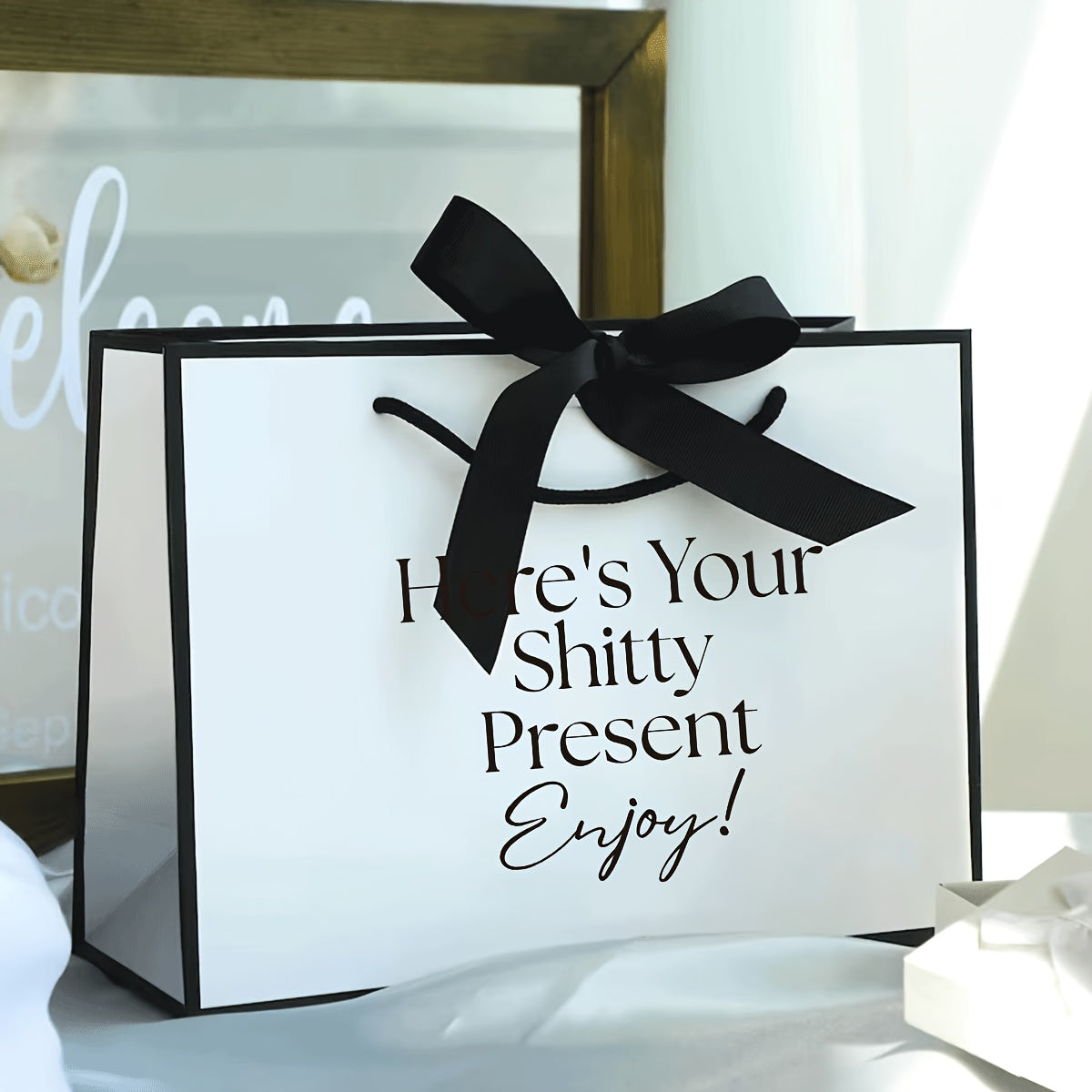 'Here's Your Shitty Present' Foldable Paper Gift Bag with Black Ribbon