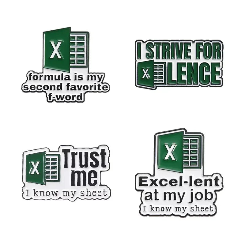 4 x set Funny Excel Enamel Pins - Tipsy Turtle Collective