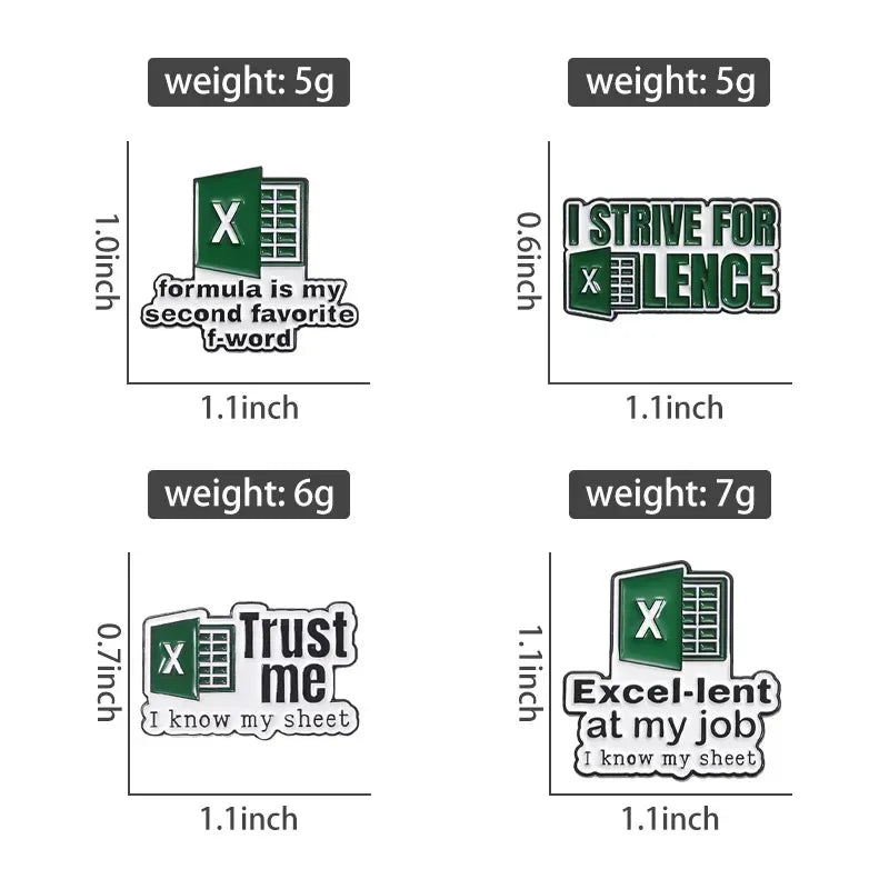 4 x set Funny Excel Enamel Pins - Tipsy Turtle Collective