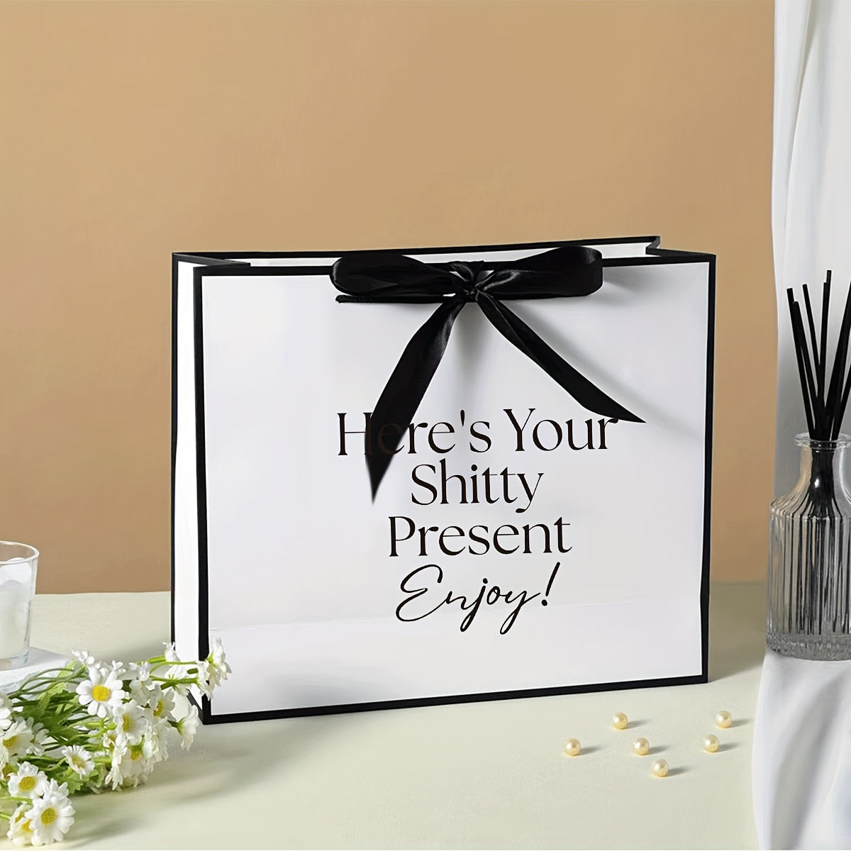 'Here's Your Shitty Present' Foldable Paper Gift Bag with Black Ribbon
